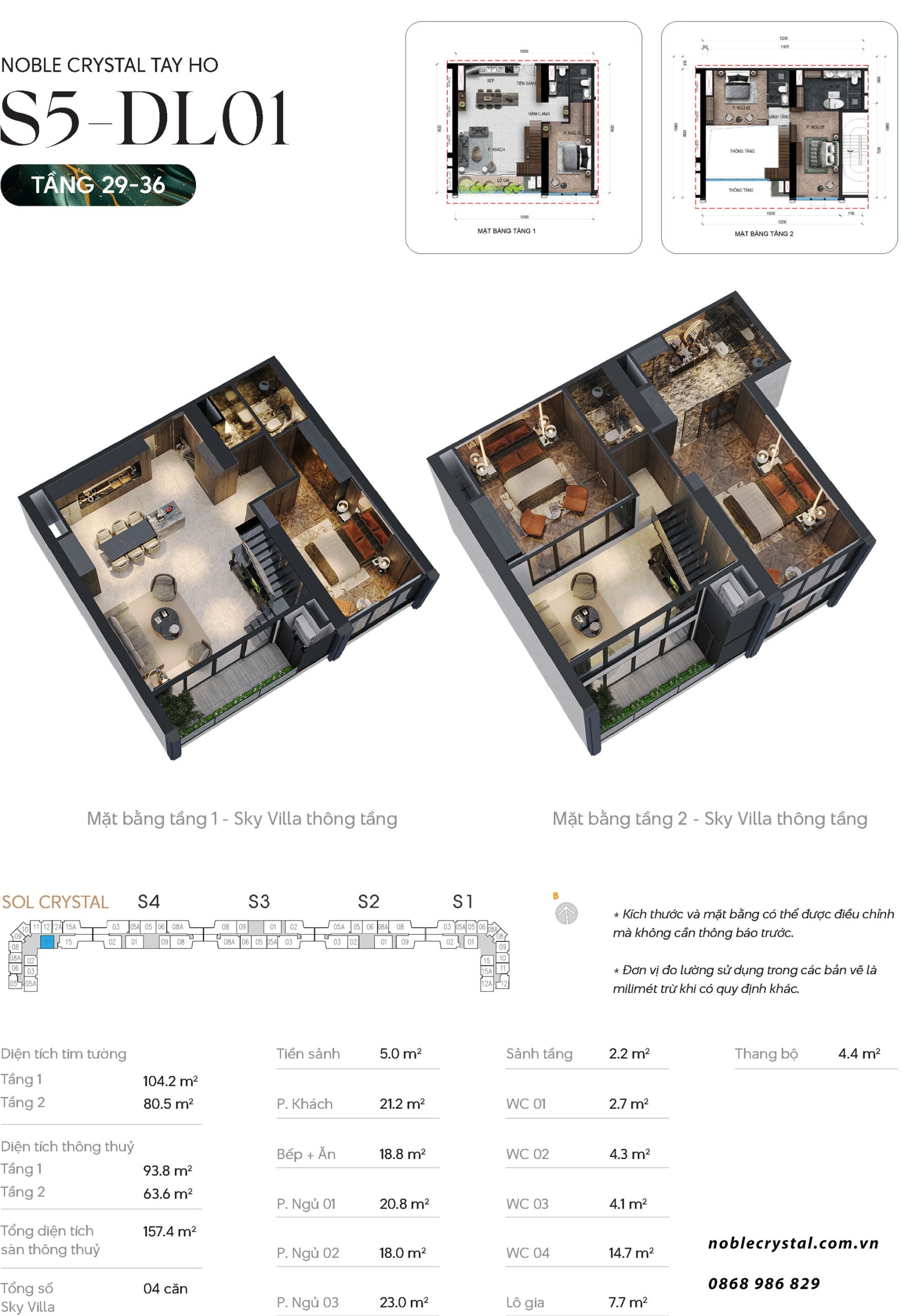 Thiết kế căn hộ Duplex thông tầng DL01 tầng 29-36 tòa S5 chung cư Noble Crystal Tây Hồ