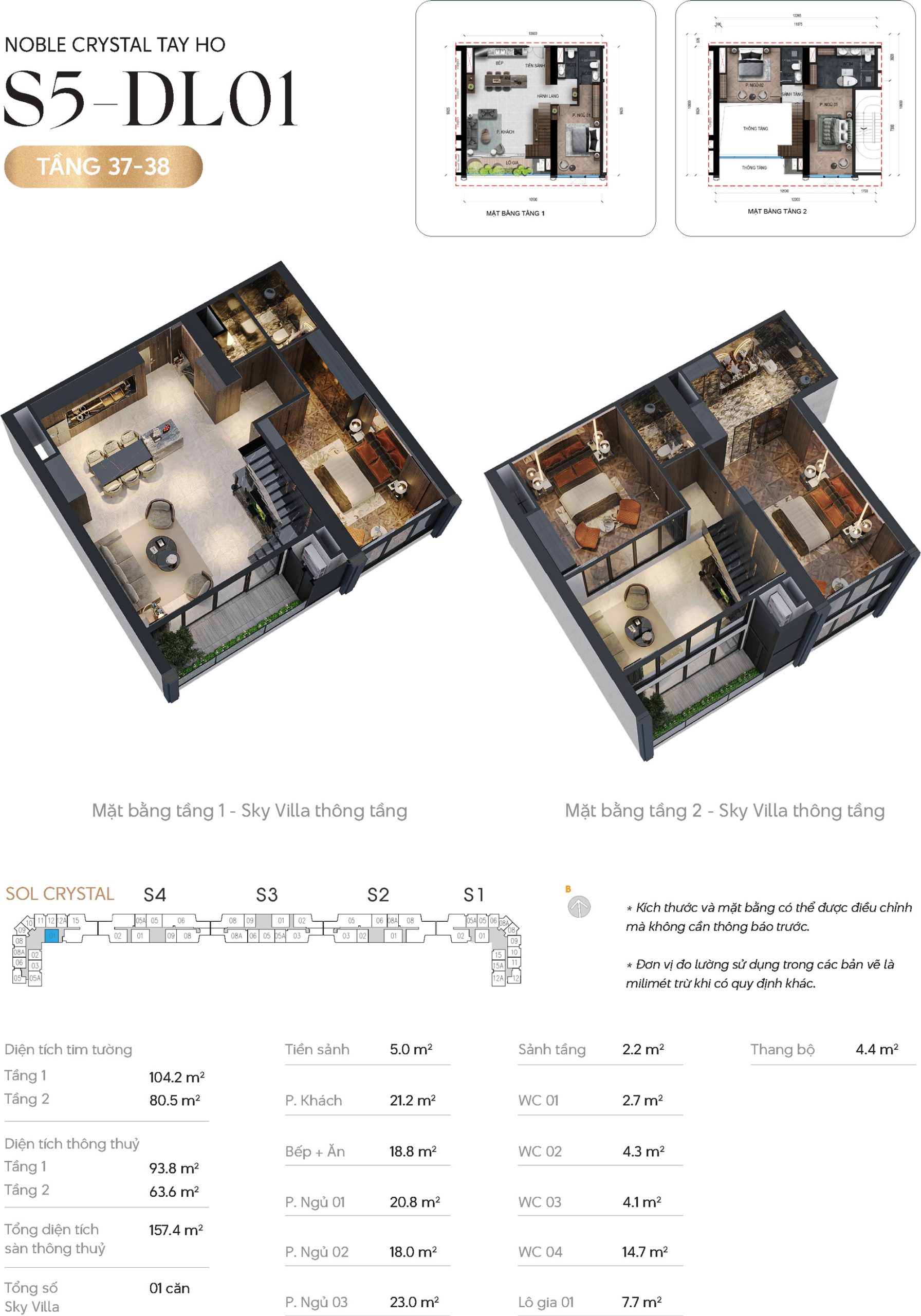 Thiết kế căn hộ Sky Villa DL01 tầng 37-38 tòa S5 chung cư Noble Crystal Tây Hồ