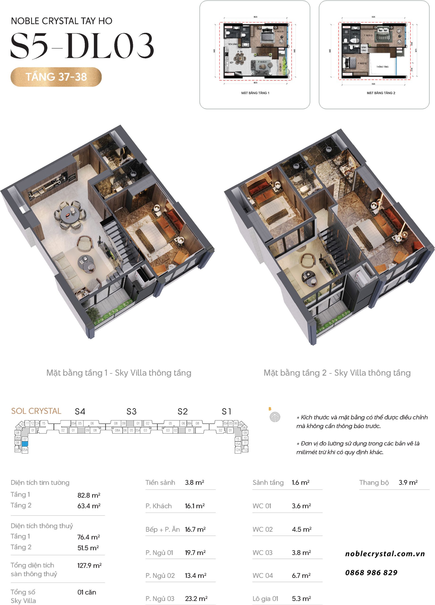 Thiết kế căn hộ Sky Villa DL03 tầng 37-38 tòa S5 chung cư Noble Crystal Tây Hồ