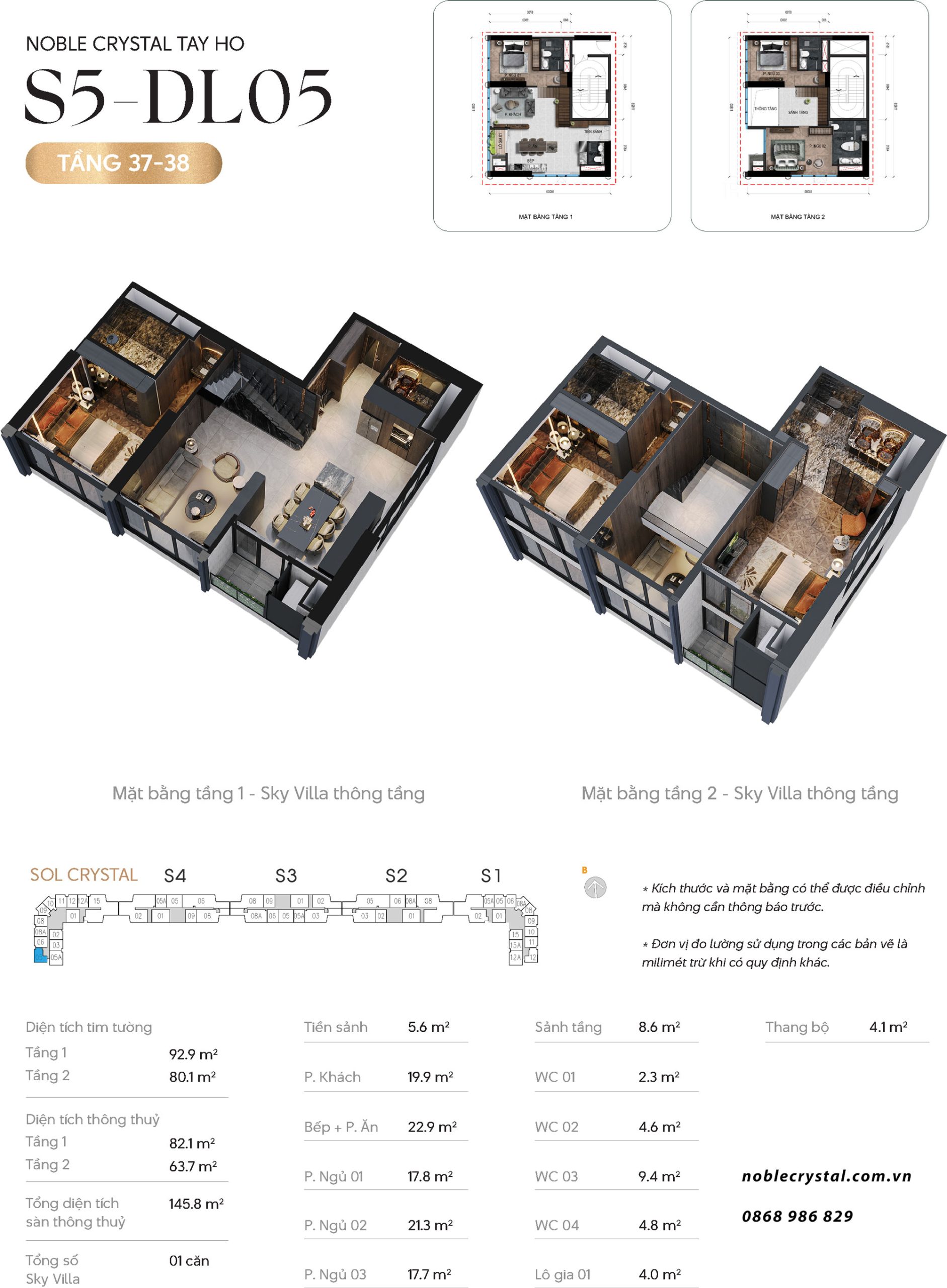 Thiết kế căn hộ Sky Villa DL05 tầng 37-38 tòa S5 chung cư Noble Crystal Tây Hồ