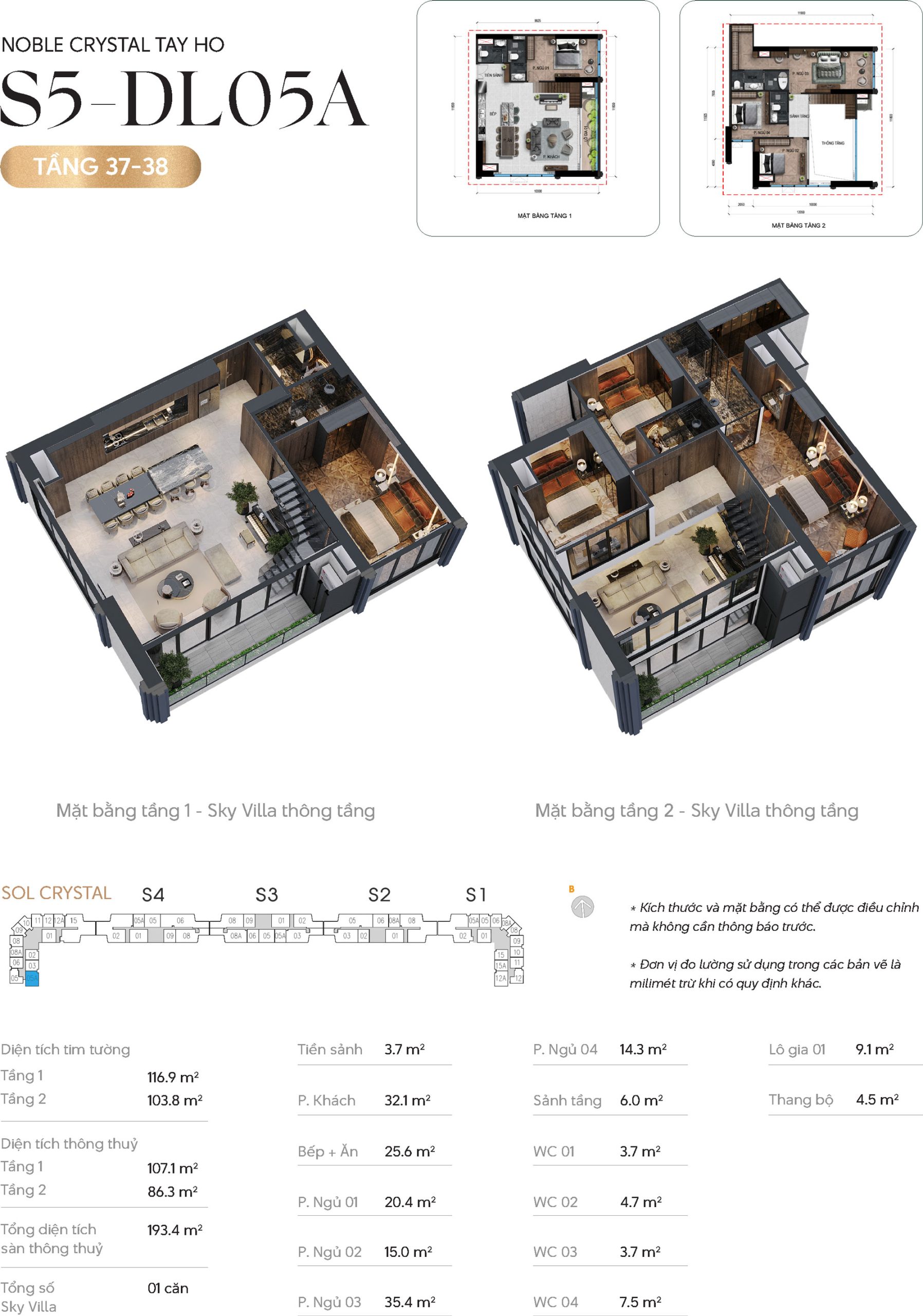 Thiết kế căn hộ Sky Villa DL05A tầng 37-38 tòa S5 chung cư Noble Crystal Tây Hồ
