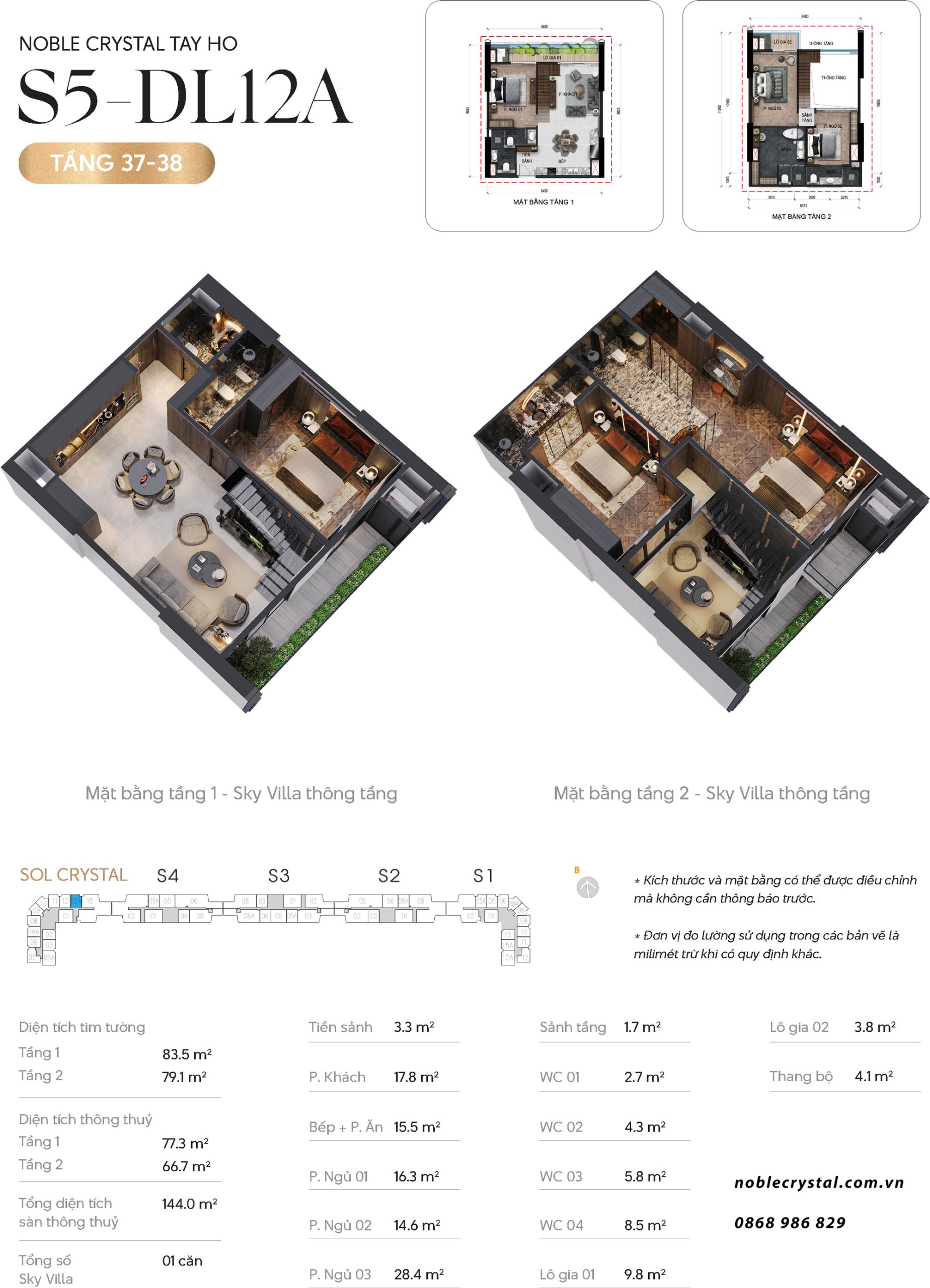 Thiết kế căn hộ Sky Villa DL12A tầng 37-38 tòa S5 chung cư Noble Crystal Tây Hồ
